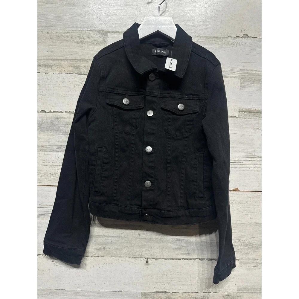 kidpik Denim Jacket Girls Large 12 Black Stretch Button Front NWT